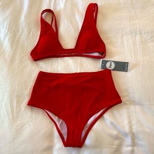 Boohoo, red, triangle, high waisted bikini